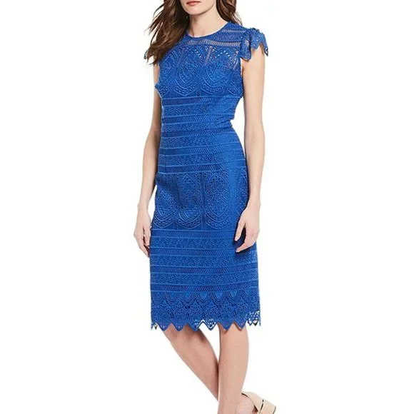 Antonio Melani Kelly Embroidered Lace Scallop Hem Sheath Mother of the Bride Dress, Womens, 2, Bay Blue - Dillard's Exclusive